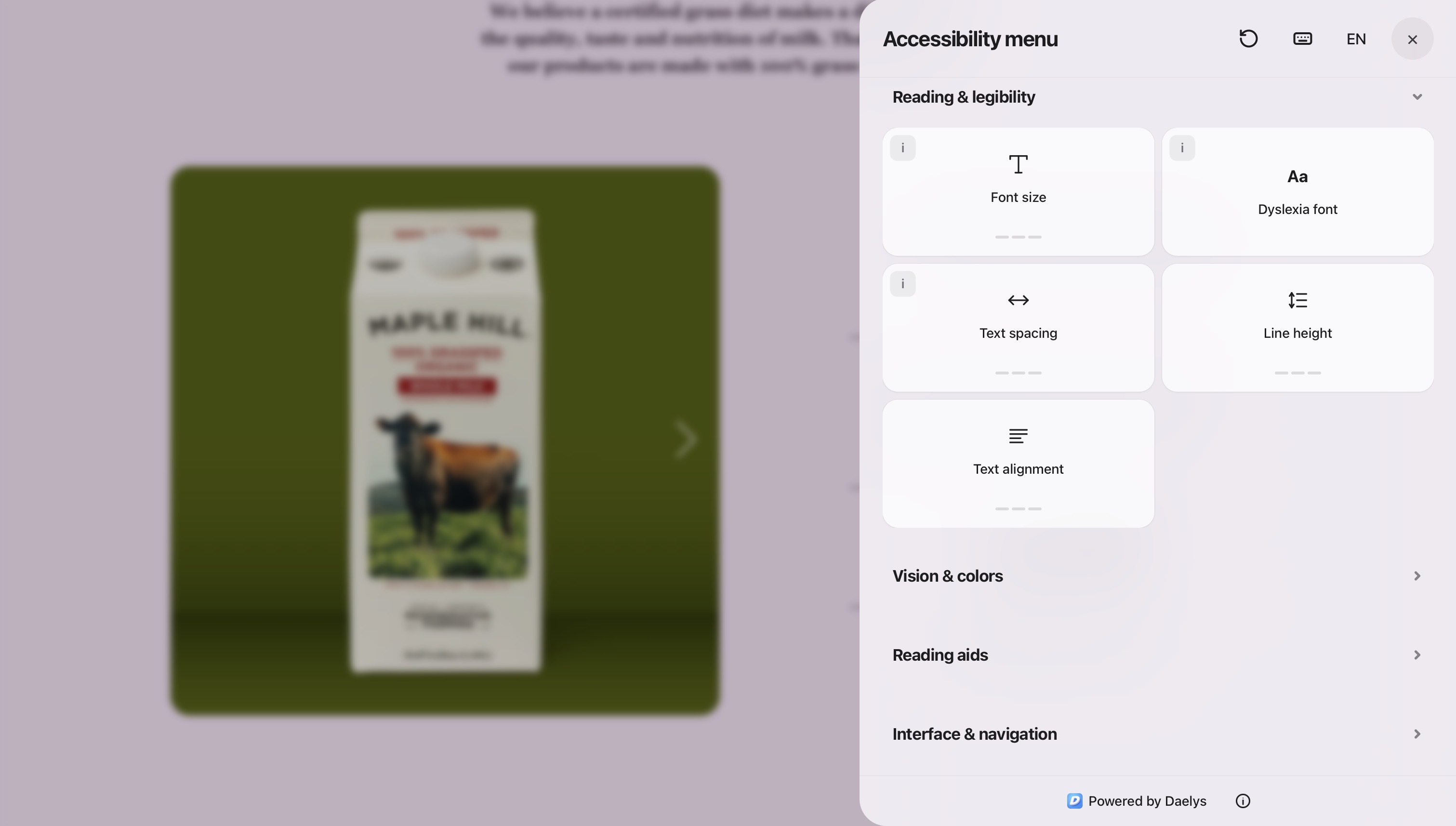 Panneau du widget Daelys ouvert : tous les profils et réglages disponibles